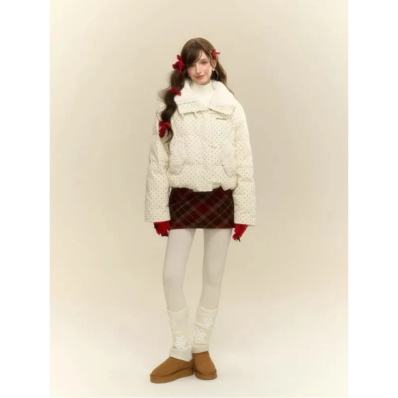 

Модная теплая повседневная хлопковая одежда в горошек, топ, женская зимняя новая милая и милая куртка с лацканами из овечьей шерсти, хлопковая куртка