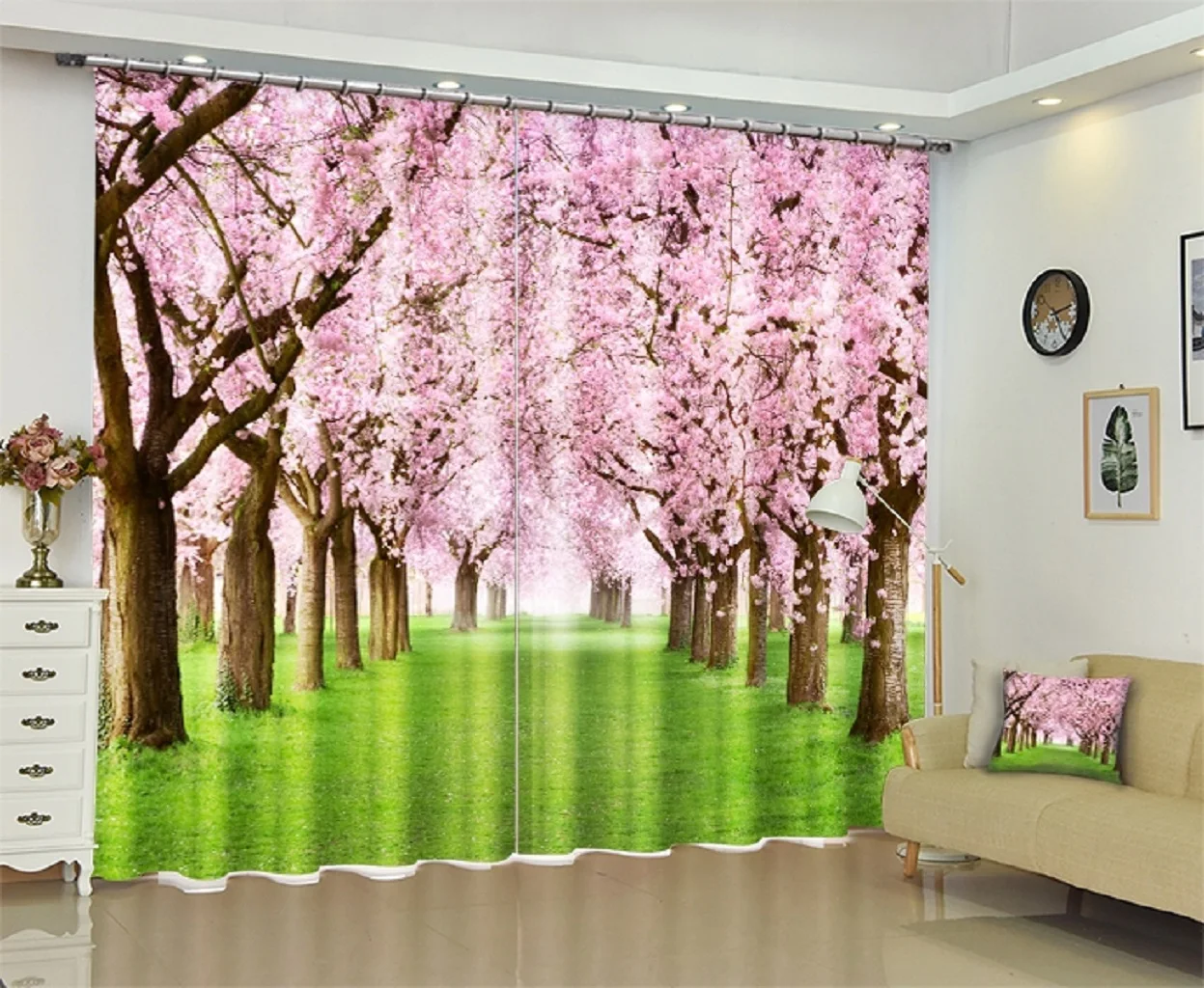 Scenic Flower Tree Living Room Curtains, Natural Forest Curtain for Bedroom, 3D Print, Window Treatment Drapes, 2Pcs