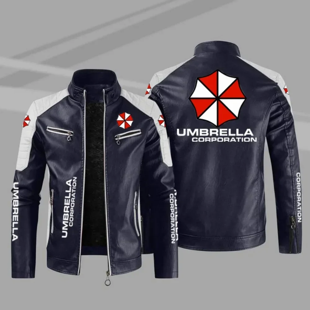 Chaqueta con capucha y cremallera de manga larga con logotipo de paraguas de otoño e invierno de cuero Pu para hombre Abrigo de moda12