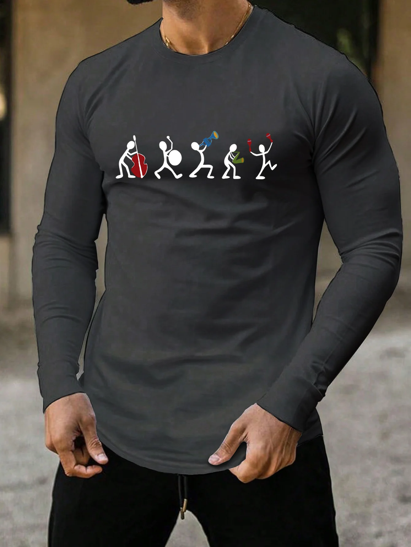 Trendy new long-sleeved t-shirt men\'s simple printed round neck T-shirt trend versatile casual tops men\'s T-shirt