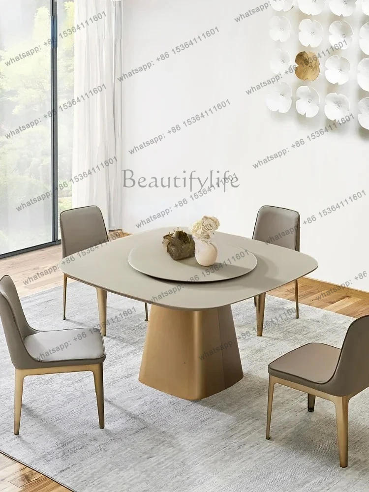 Customized Square Table Modern Simple and Light Luxury Stone Plate Dining Tables and Chairs Set Turntable Dining Table
