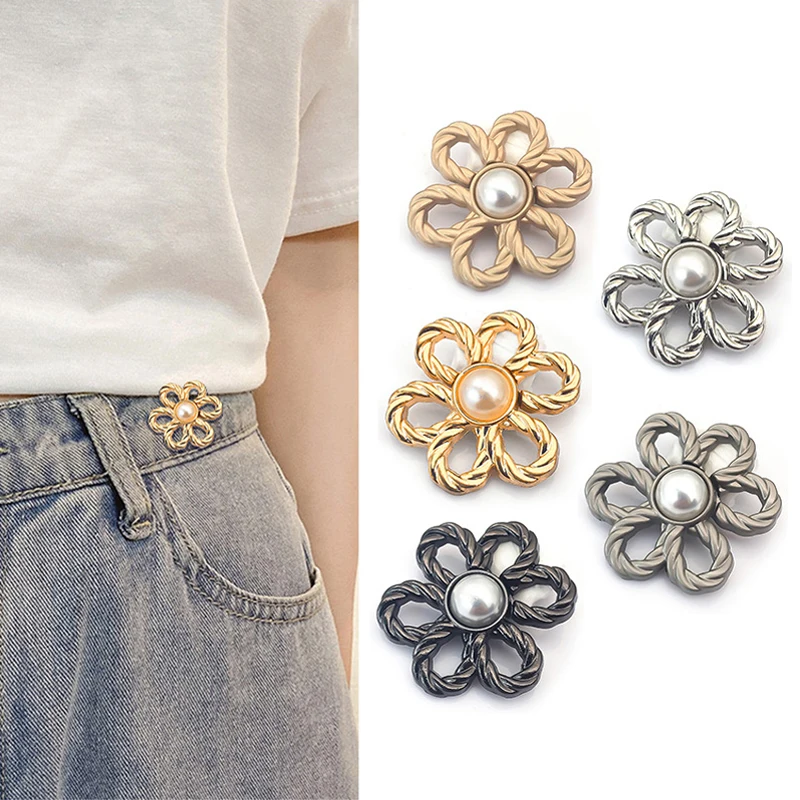 Tighten Waist Buckle Alloy Brooches Pins Clip Pearl Flower Adjustable Snap Button Jeans Buttons Detachable Clothing Accessories