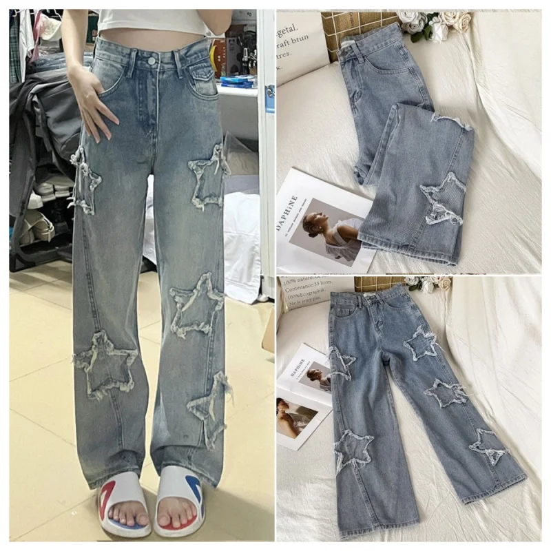 

Women's Star Embroidered Denim Jeans - High Waist Straight Leg Comfort Fit, Korean Inspired Spring Autumn Pants