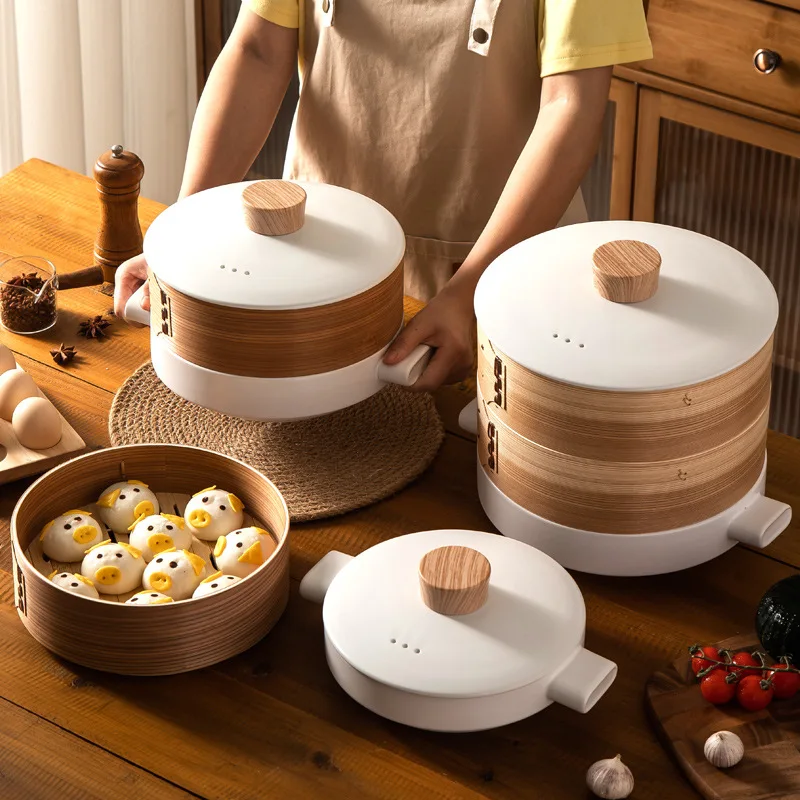 Japanese Steamer Casserole with Steamer Soup Pot Stew Pot Bamboo Multi-layer Hotel Household Ceramic Steamer Size Shallow Pot