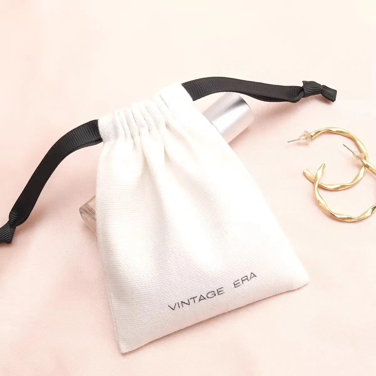 Custom Logo Cotton Bag For Earring Ring Necklace Gift Packaging Cotton Drawstring Dust Pouch