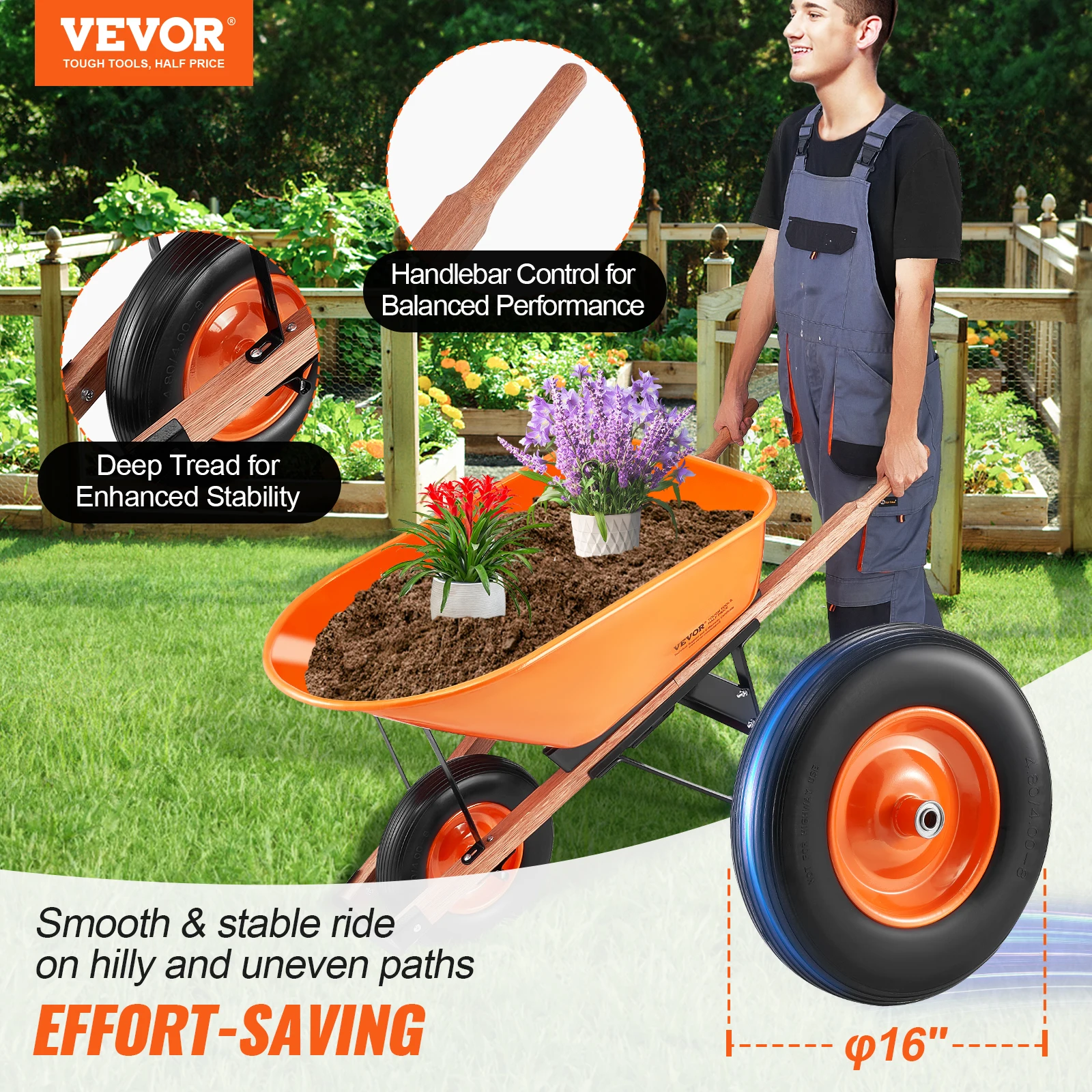 VEVOR Wheelbarrow Cart 330 lbs Capacity One Wheel Garden Dump Cart Wheel Barrow with Handle &  16