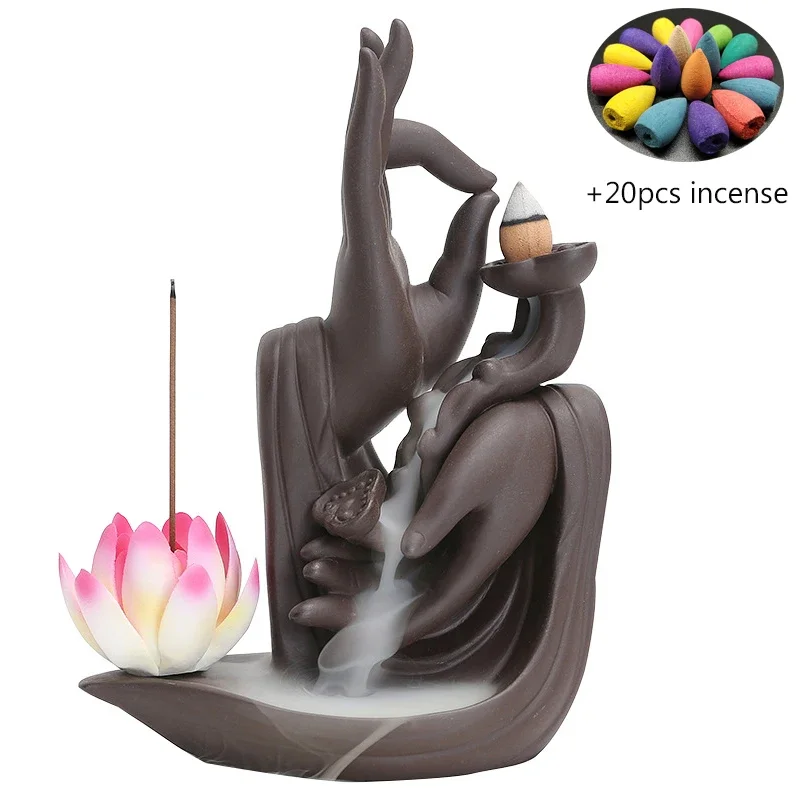 F with 20pcs Cone Incense Bergamot Backflow Incense Burner Sandalwood Waterfall Incense Holder Indoor Household Ceramic Base