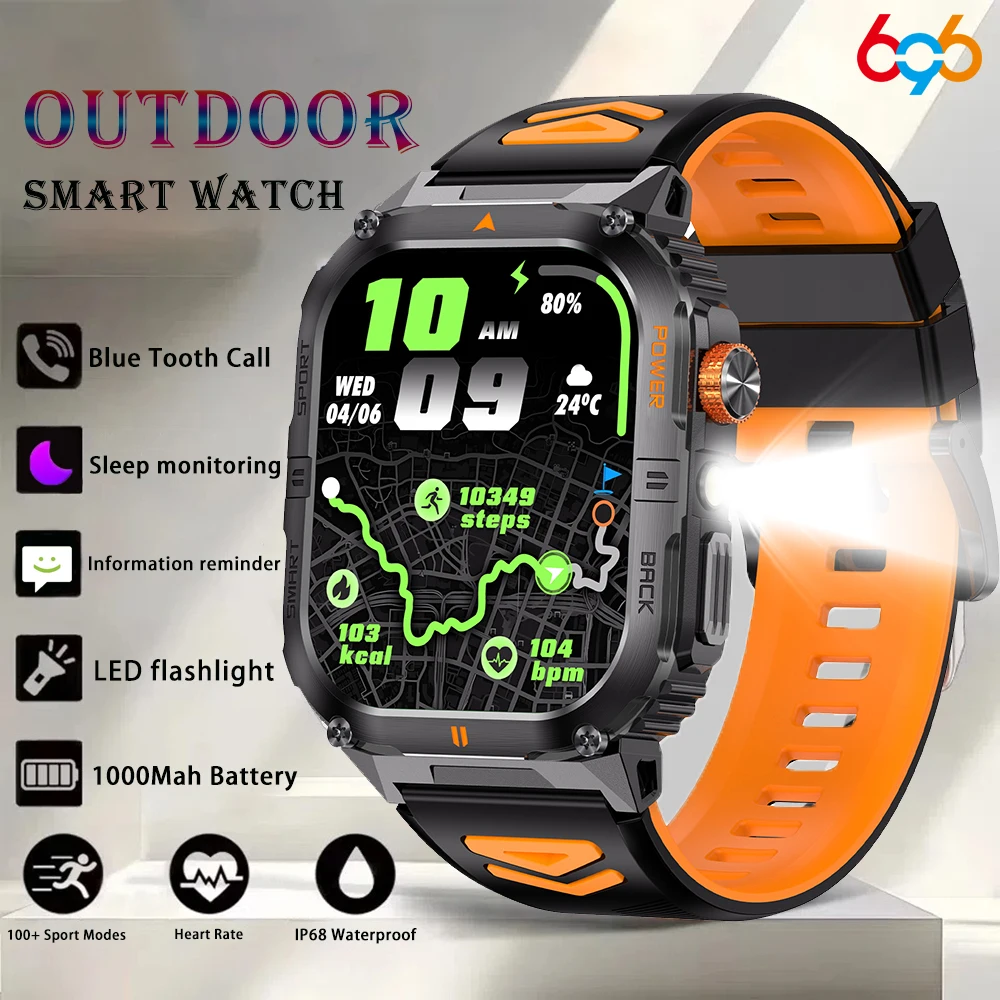 

Outdoor Sports Men Smart Watch 2.0" LED Flashlight IP68 Waterproof Heart Rate Health Smartwatch 1000Mah Battery Blue Tooth Call