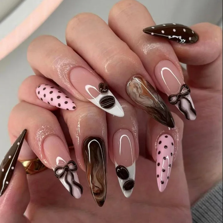 

24PCS French Pink Polka Dots False Nails Brown Smudging Sweet Bowknot Coffee Beans Almond Fake Nails for Women Wearable Ins Nail