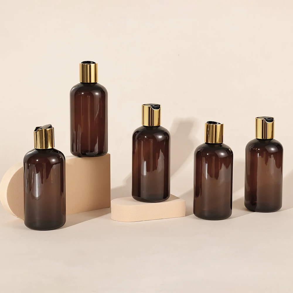 5 Pcs Plastic Travel Bottles with Gold Disc Top Flip Cap Empty for Shampoo Lotions Cream Toiletries Body Soap ( Brown , 250ml )