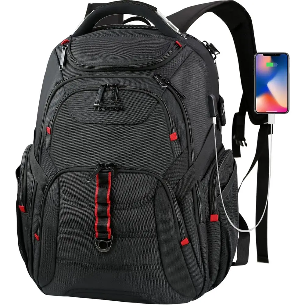

17.3 Inch Laptop Backpack for Men, 45L Anti-Theft USB Charging Port, Water-Resistant Work School Bag for Men and Women, Black