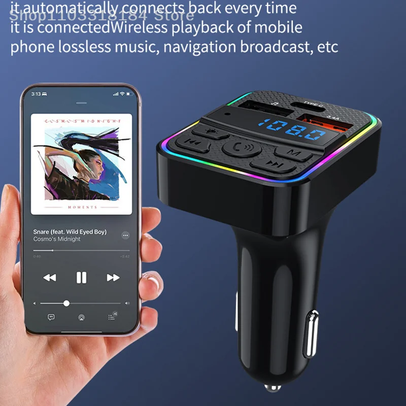 

Автомобильное зарядное устройство для телефона с двумя USB-портами типа C и RGB-подсветкой, быстрая зарядка для грузовых автомобилей, FM-передатчик, AUX-плеер, музыкальная громкая связь
