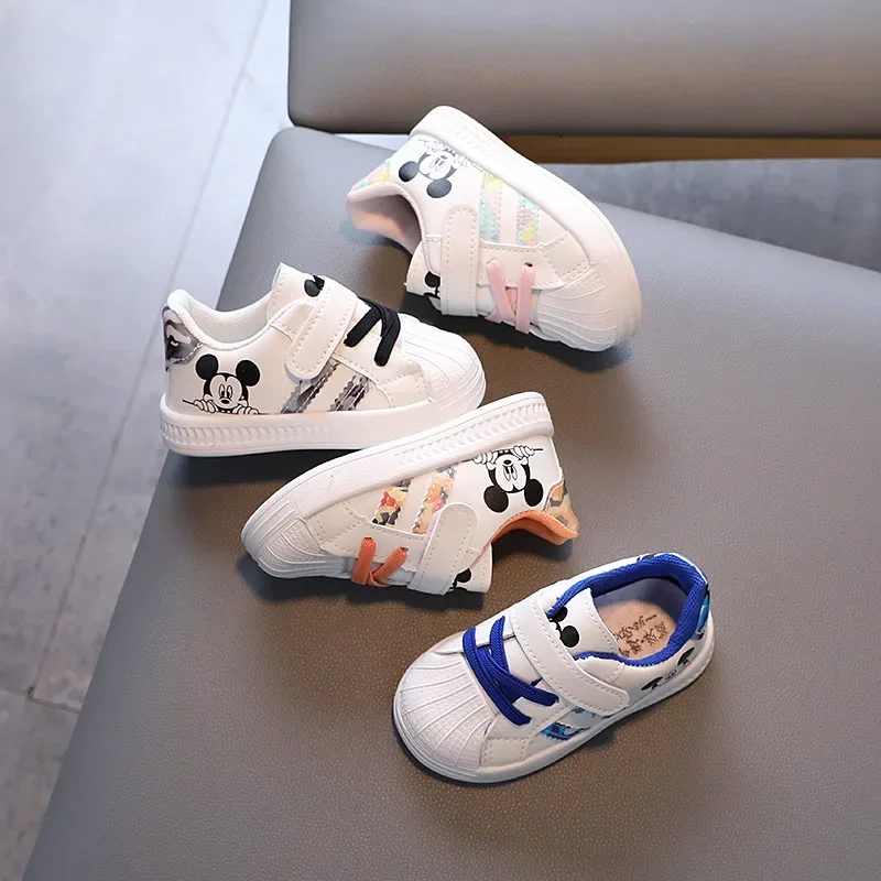 Disney Mickey Mouse Baby Walking Shoes  Boys and Girls Soft Sole Non-slip Asual Board Shoes Sports Shoes PU Leather White Shoes