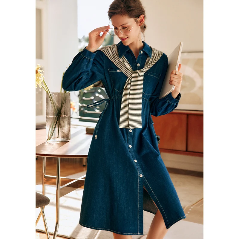 OLrain Long Sleeve Denim Dresses Women 2026 Spring Fall Draw String High Waist Casual Down Dress Jeans Midi Clothing O22CL00825