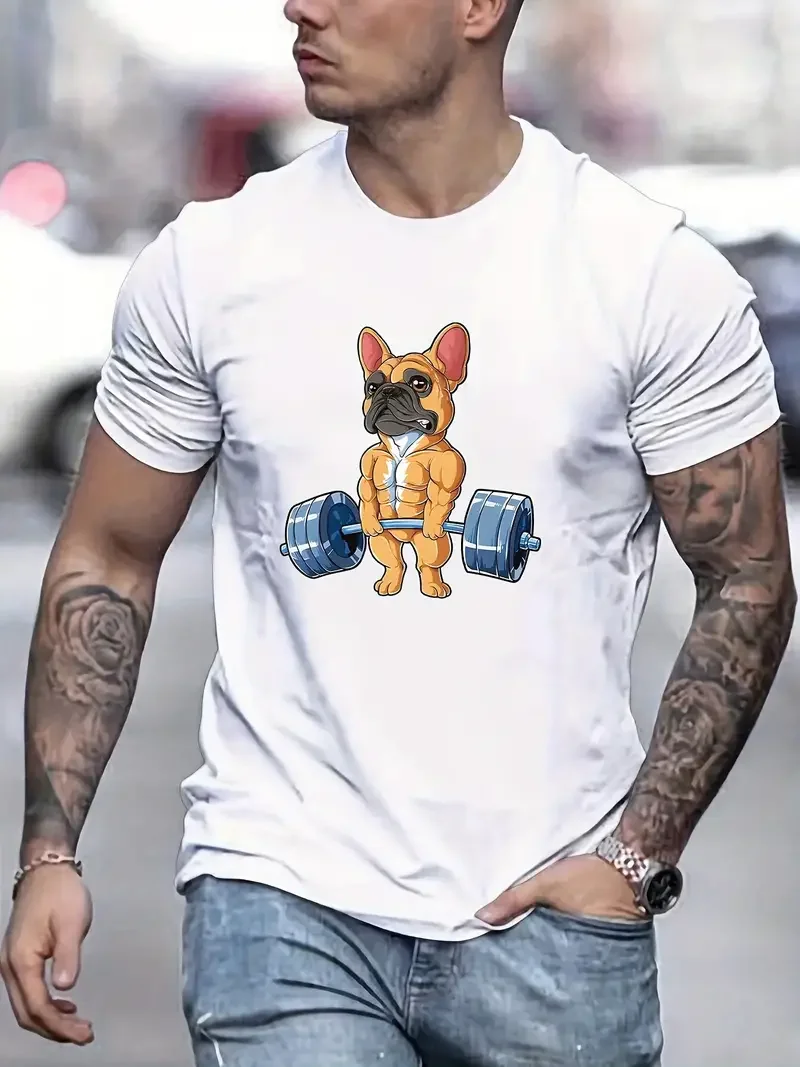 Anime Style Bulldog Weightlifting Print T Shirt, Tees For Men, Casual Short Sleeve T-shirt For Summer Men\'s Home Cloth