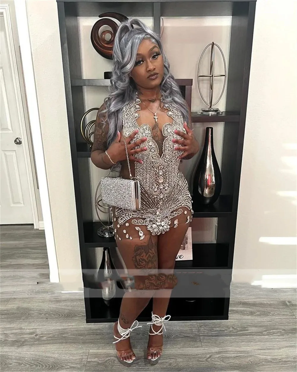 

Dresses Crystals Women Tail Dress Sheer Mesh Sparkly Beads African Girl Short Sexy Short Prom Dresses for Birthday Party Gowns