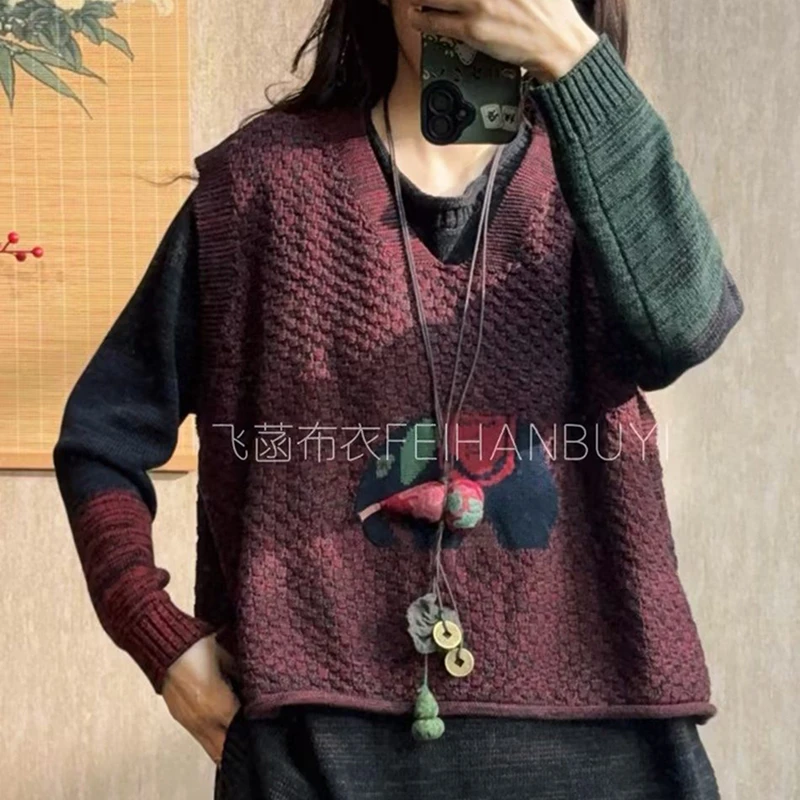 

Новинка 2026 года: Весенне-осенний женский пуловер в стиле Arts, свободный повседневный универсальный винтажный вязаный свитер без рукавов с V-образным вырезом F69