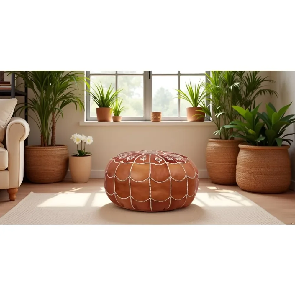 Design Moroccan Leather Pouf Ottoman, Handmade, Pre-Filled, 100% Genuine Leather, 14” Height x 22” Diameter