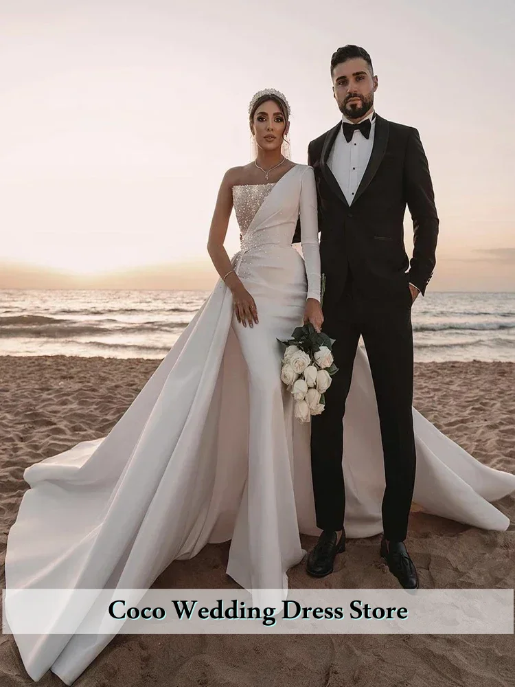 Customized Saudi Arabic Dubai Backless Wedding Dresses Sexy One Shoulder Sequins Long Train Wedding Gowns Vestido De Novia