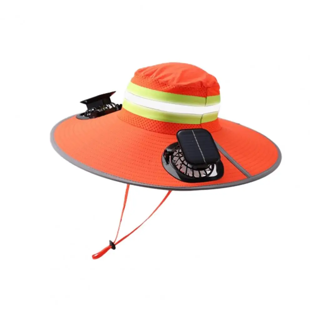 Picture 4: Sun Hat with Double Solar Fans High-Gloss Reflective Strips Safety Warning Oversized Brim Full Face UV Protection Bucket Hat Coo