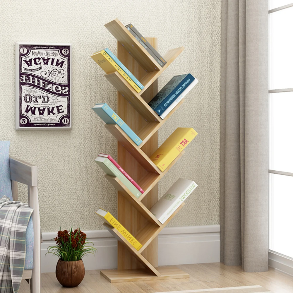 【Breeins】Rustic Standing Tree Bookshelf Wood Display Rack For Home Office Decoration Storage Organizer Shelf Bookcase