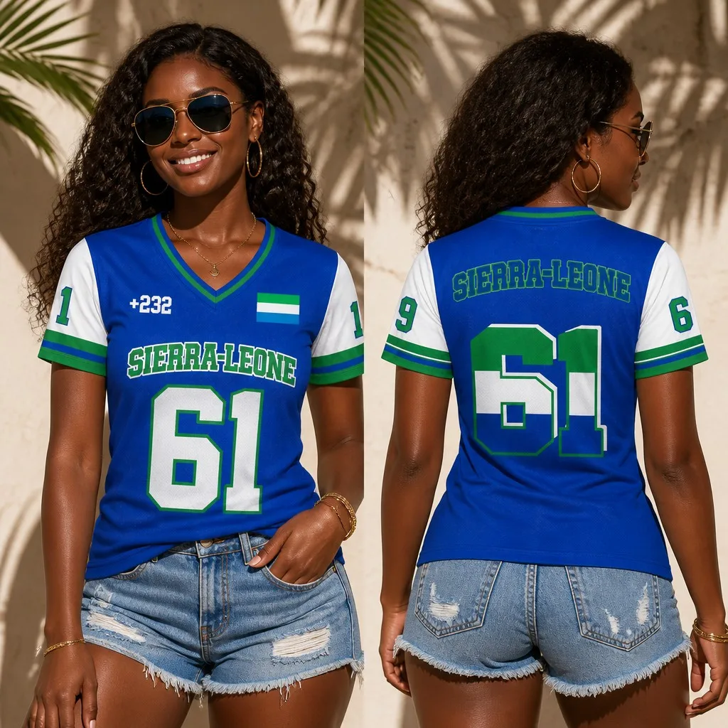 Damen Slim Fit V-Ausschnitt Kurzarm-T-Shirt, Sierra Leone Personalisierter Fan-Print, Modisches Damenbekleidungs-Geschenk-Oberteil – Detail 2