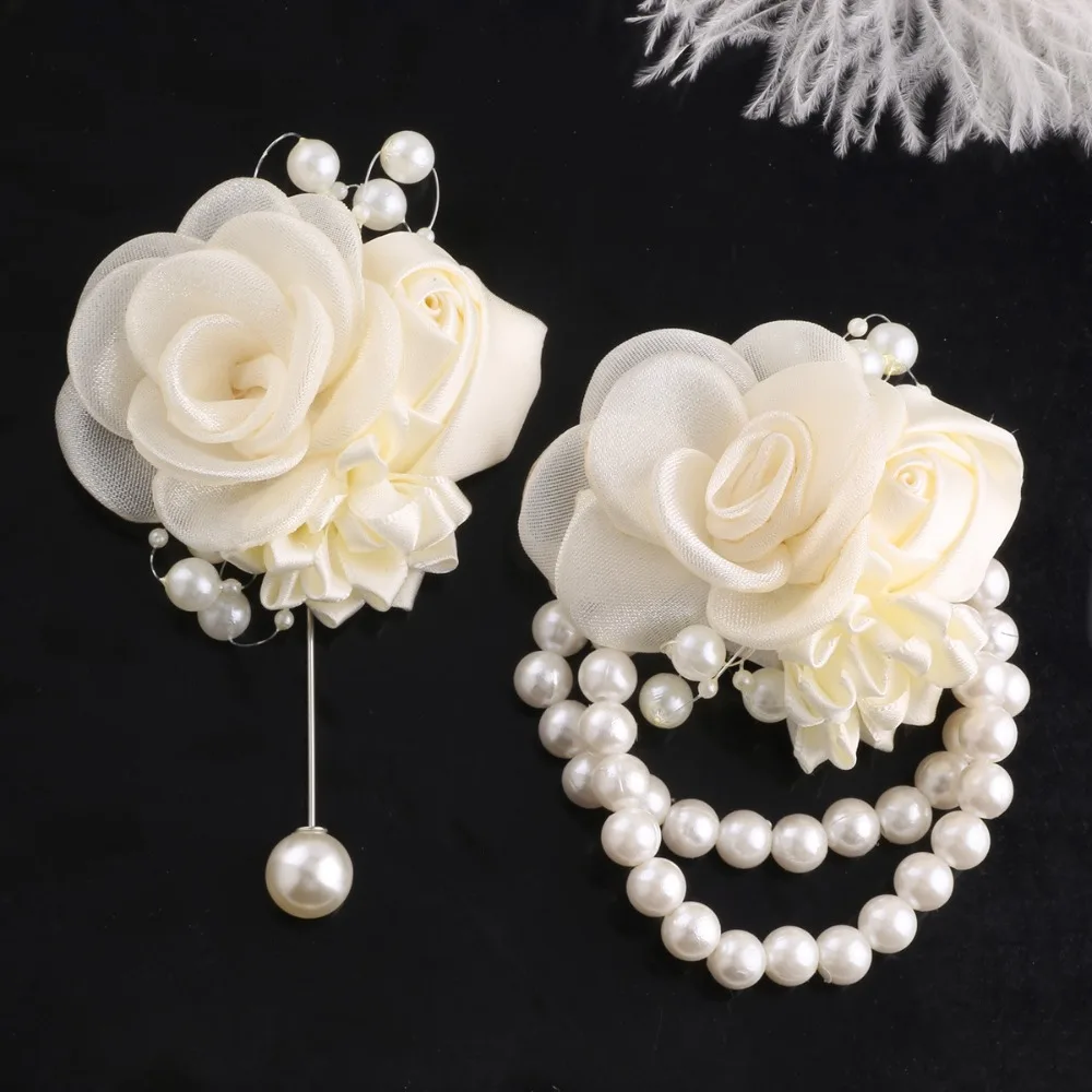 

European Organza & Satin Rose Boutonniere & Wrist Corsage for Groomsman Bridesmaid Wedding Couple Wedding Accessories