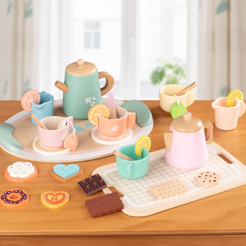 طقم شاي لعب خشبي بلون معكرون، يتميز مع معالجات الشاي الأنيقة وأدوات رائعة - مثالية للأطفال للعب الأدوار بأناقة