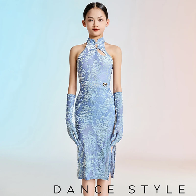 

Синее бархатное платье для латинских танцев для девочек, танцевальный наряд без рукавов, сценическое шоу, латинское платье, Cheongsam в китайском стиле VBH1863