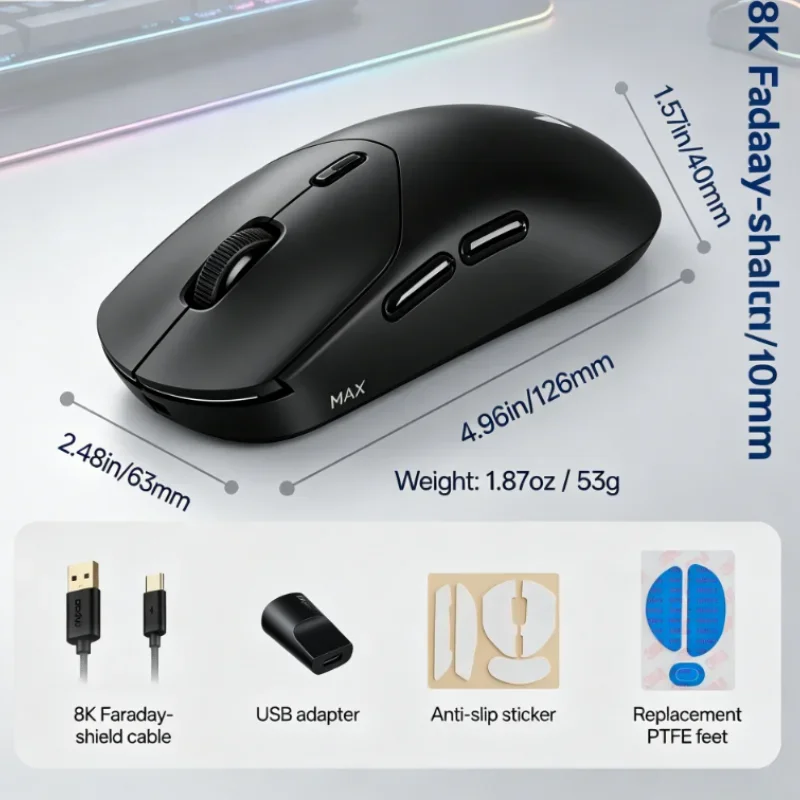 8K Polling Rate Optical Sensor Ergonomic 53g Lightweight PC Laptop High Performance Rapoo VT2 MAX Wireless E-sports Mouse