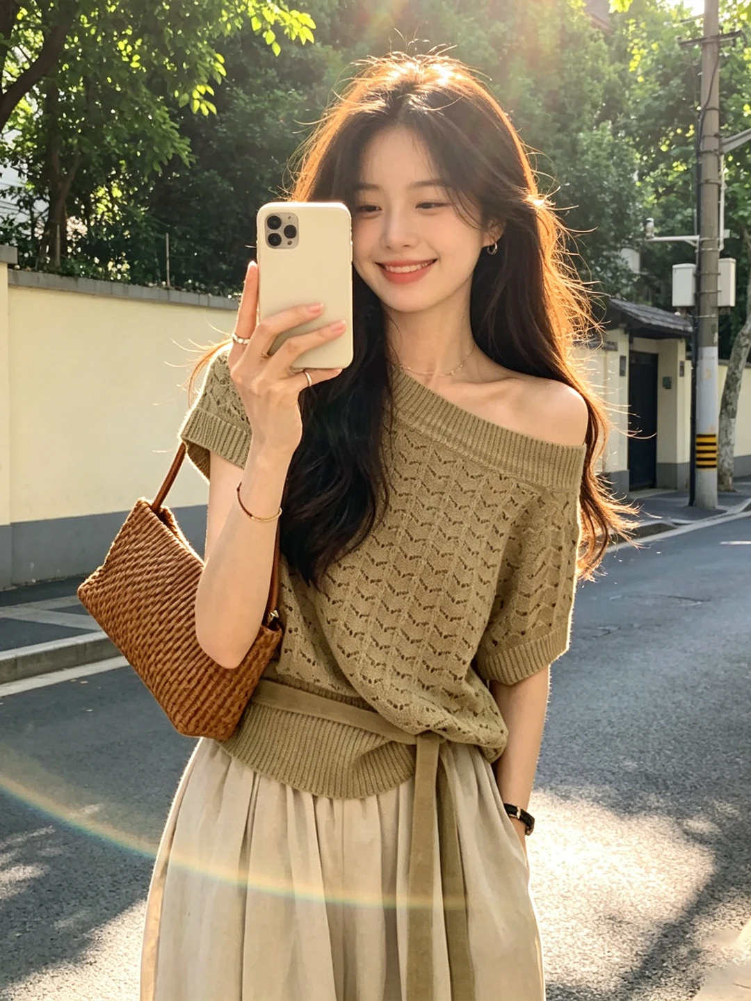 

Korean Style Short Sleeve Knitted Top Women's Summer Design Waist Cinching Shoulder Bared Hollow out Gown Commute Friendly