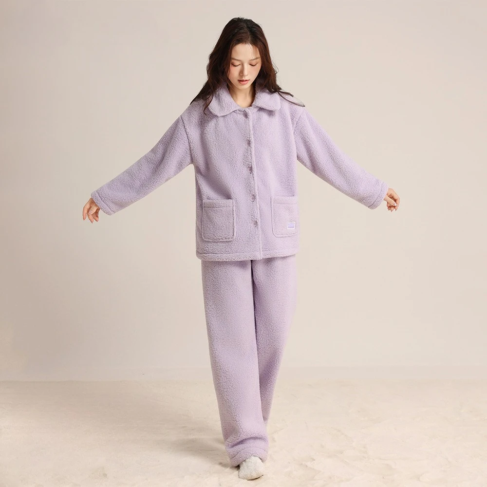 Autumn and Winter Coral Velvet Sleepwear Women's Two Piece Set Double sided Velvet Long Sleeve Long Pants Warm Home Clothing Set