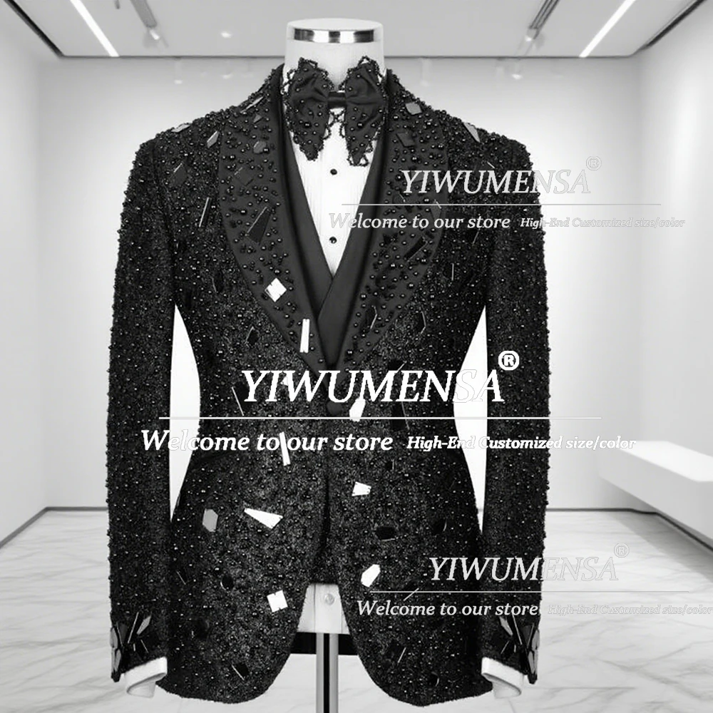 

Unique Design Groom Wedding Suits Pearls Beaded Prom Blazers Customized 3 Pieces Sets Suits Men Slim Fit Groom Party Clothing