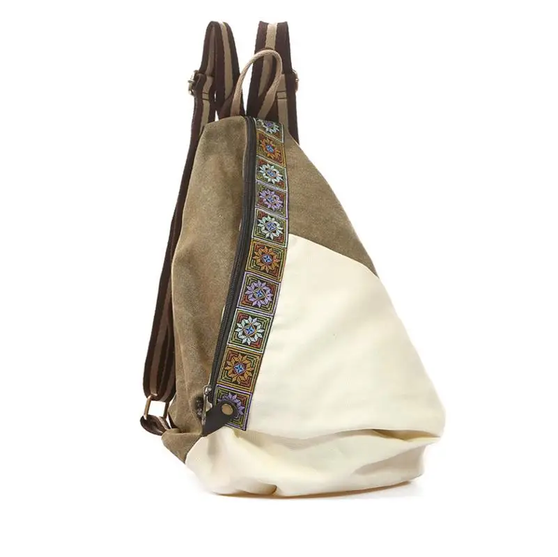 Embroidered Stitching Contrast Canvas Backpack for Women, Ethnic, Minority, Travel, Leisure