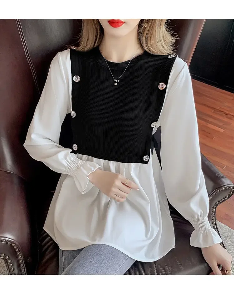 Zoete O-Hals Knoop Gesplitst Nep Twee Stukken Blouses Dameskleding Herfst Winter Losse Casual Tops Prinses Mouw Shirts X803