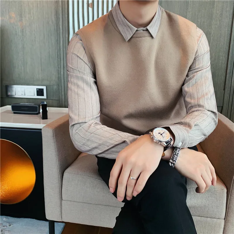 

Brand Clothing Men High Quality Casual Knit Sweaters/Male slim fit Fake Two piece knit shirts Striped Shirt Plus Size S-4XL