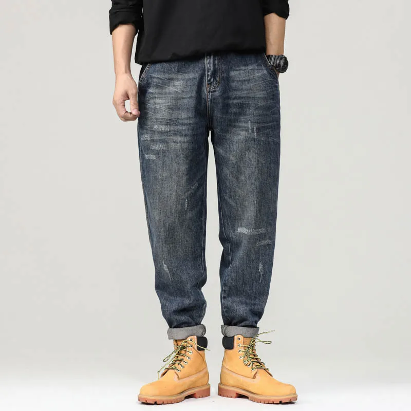 High quality long baggy jeans for men plus size ripped stone wash cotton denim vintage casual trousers new 2024 clothing - blue