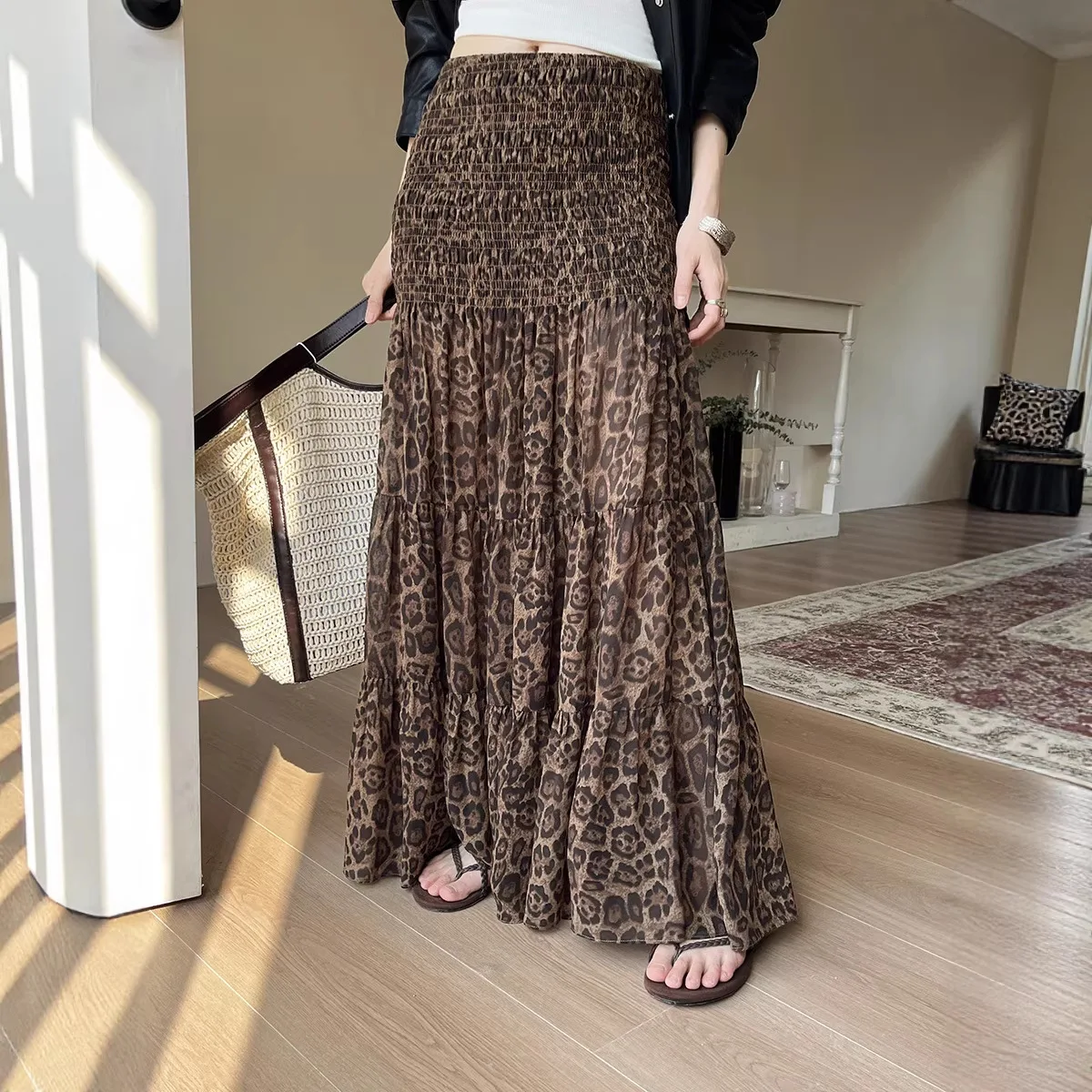 

French Style Leopard Print Pleated Tiered Skirt For Women 2026 Spring New Casual All Match Skirt