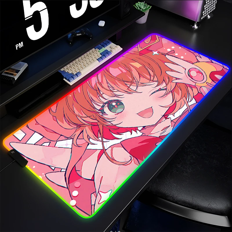 Mouse Pad RGB PC Speed For E-sports Players Laptop Computer Card Captor Sakura Keyboard Pad LED Desktop Mat Anime Girl Mousepad