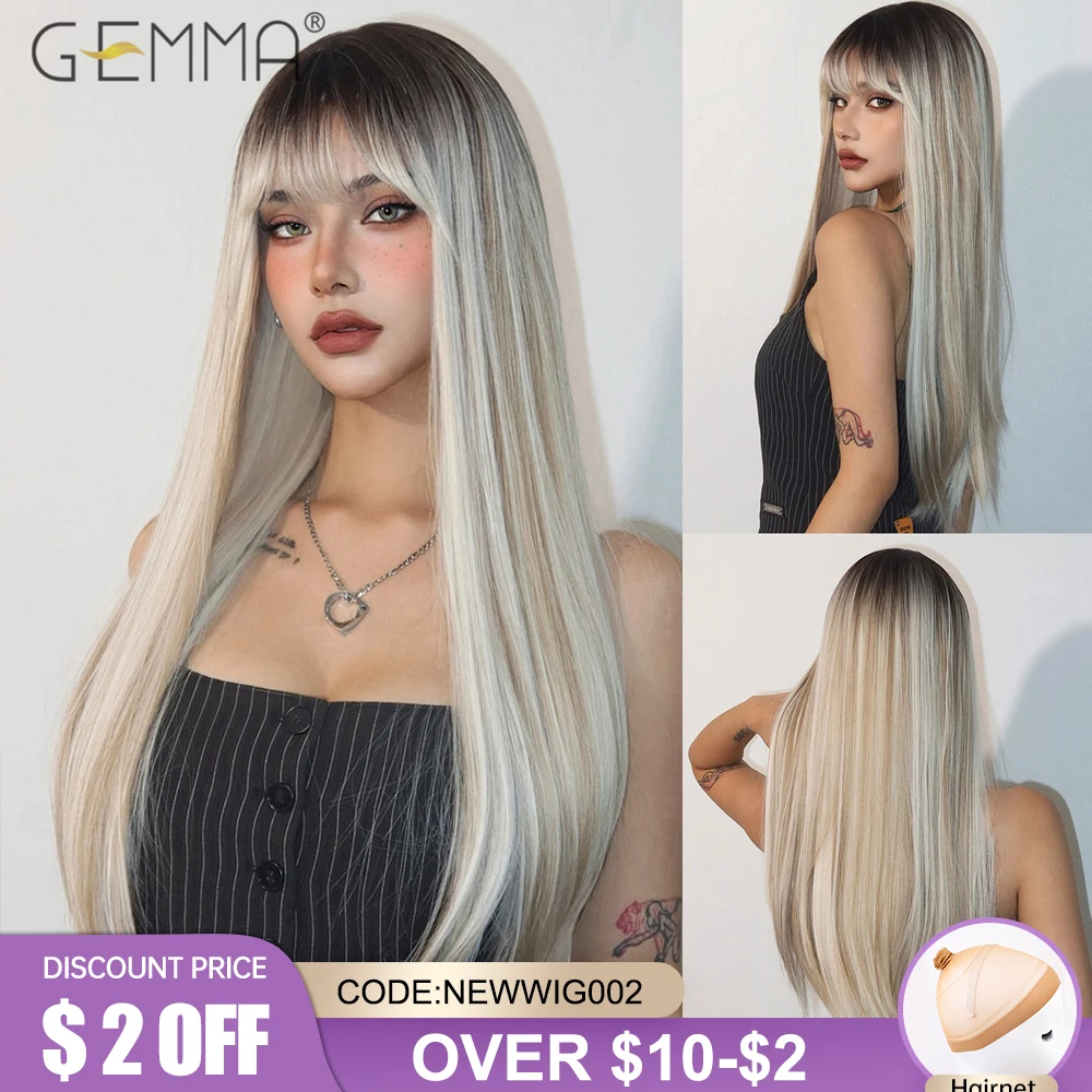 Silver Blonde Ombre Synthetic Wig Long Straight with Bangs Natural Hair Wigs for Women Heat Resistant Fibre Cosplay Party Wig