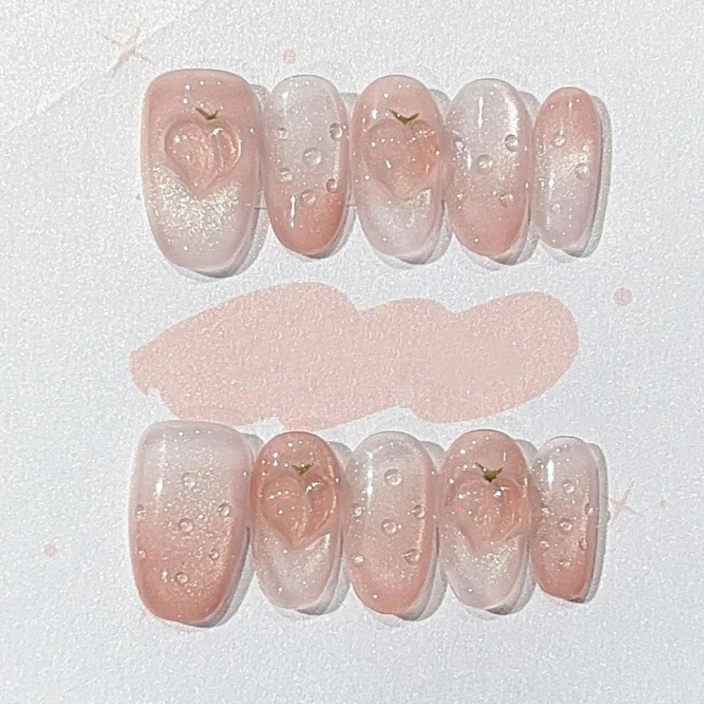 

10pcs Handmade Fake Nails Art Spring Gradient Pink Short Oval False Nail Tips with Rhinestone Design Press on Nails Set Finished