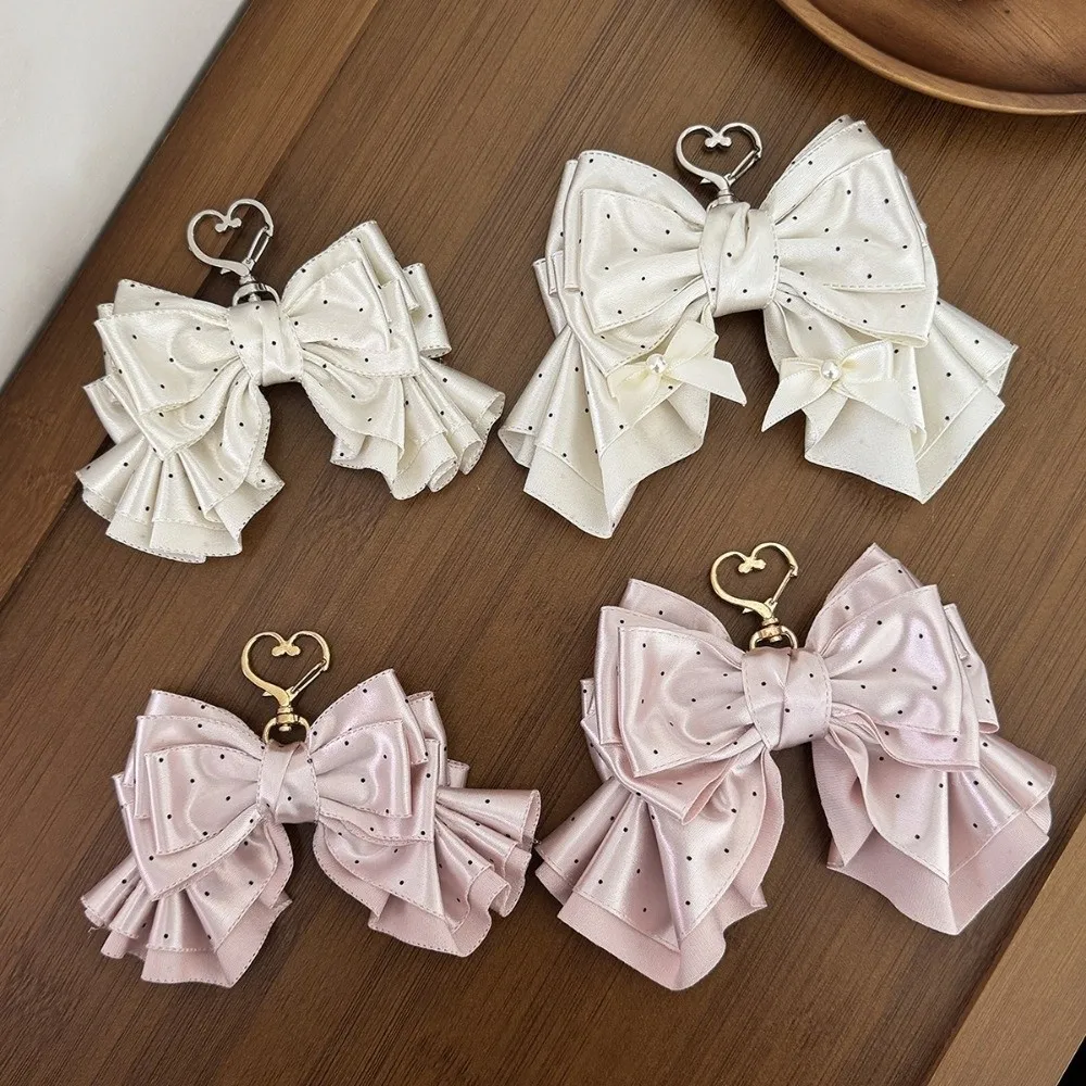 Handmade Polka Dot Bow Keychain Satin Ribbon Polka Dot Pattern Bow Bag Charm Sweet Girly Style Key Ring Pendant Bag Accessories