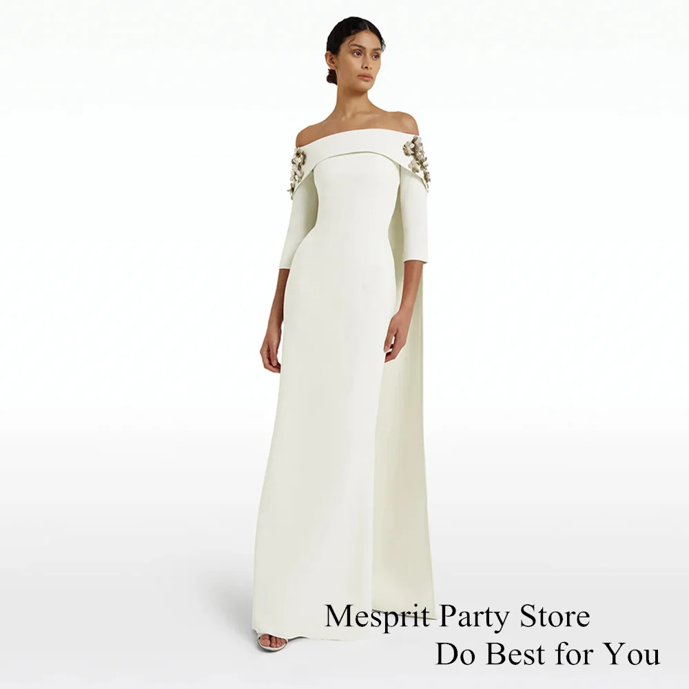 Customized Evening Dress Saud Arab Wedding Party Dresses Boat Neck Sequin Flowers Straight Prom Gown with Cape Robe De Soiree