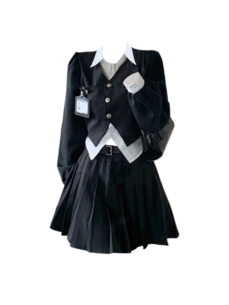 

Preppy Style Tide Fashion Gyaru Outfits 2 Piece Set Black Chic Lapel Collar Crop To Lantern Sleeve+ A-Line Pleated Skirts Gothic