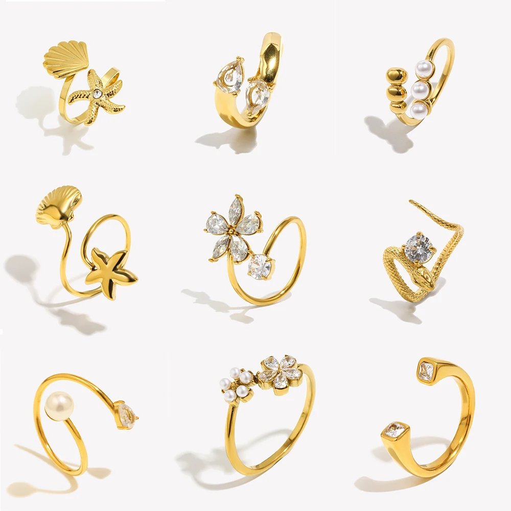E.B.belle Heart Clear Zircon Flower Pearl Double Snake Heads Open Ring 18K Gold Plated Stainless Steel Party Women Jewlery