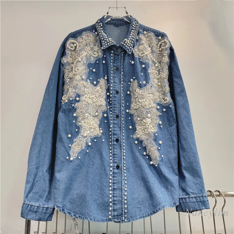 

Beaded Denim Shirt for Women 2024 New Autumn Design Sense Niche Studded Jean Blouse Casual Street Top