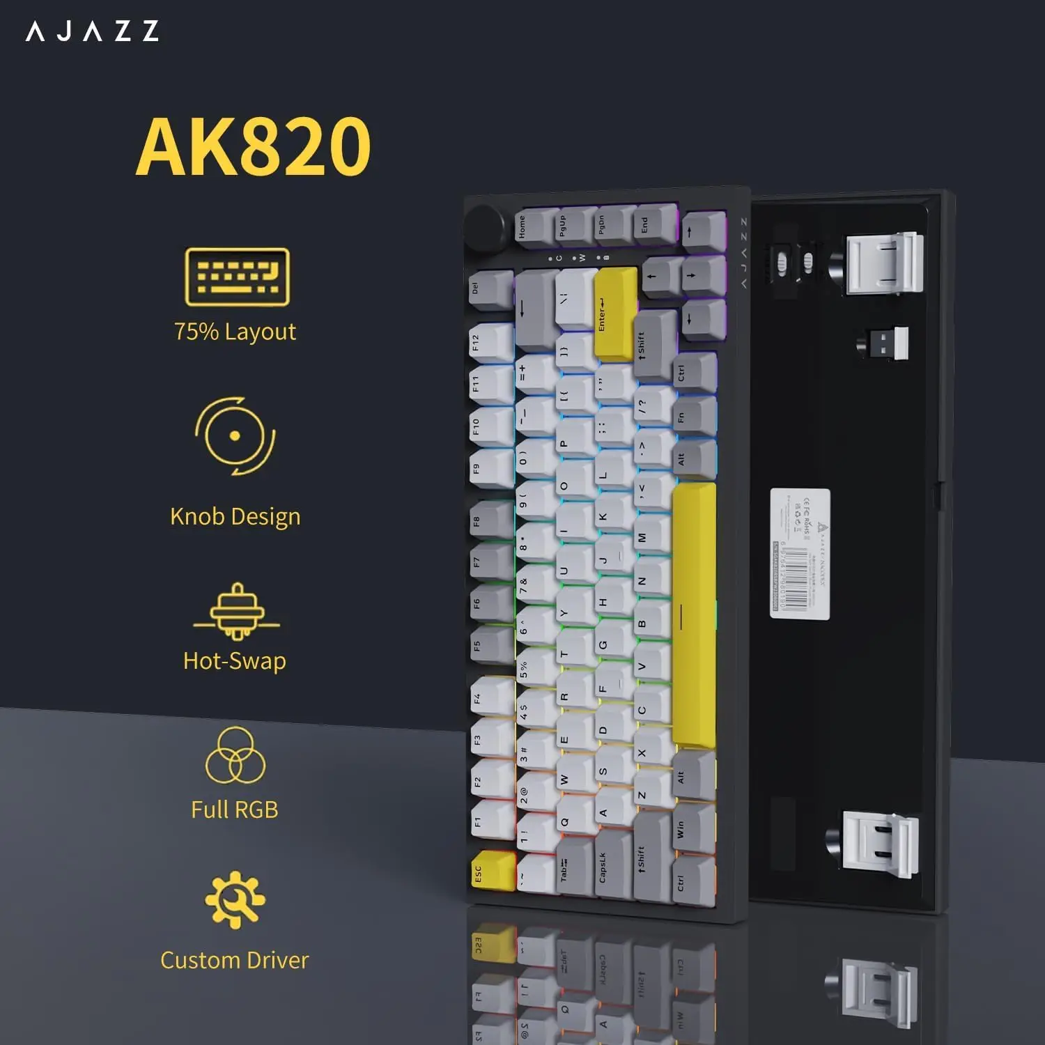 

AK820 75% Wired RGB Backlit , Gaming Mechanical Keyboard with Volume Knob, PBT Keycaps, Hot Swappable Keyboard