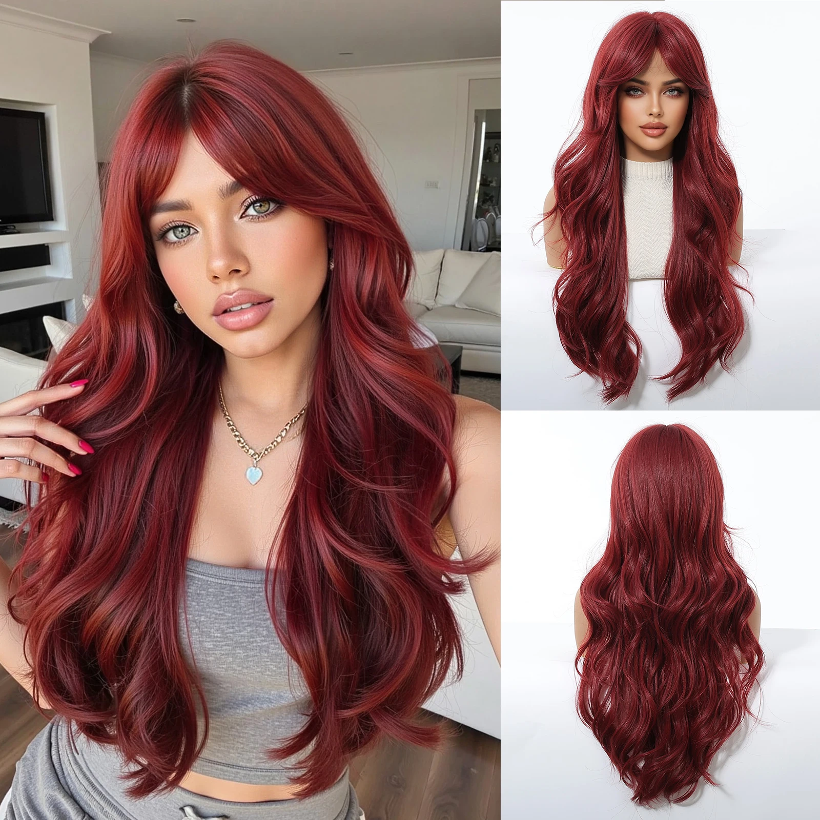 

Синтетический бордовый длинный волнистый парик винно-красного цвета, красочные натуральные парики Лолиты для косплея с челкой средней части для женщин, термостойкие