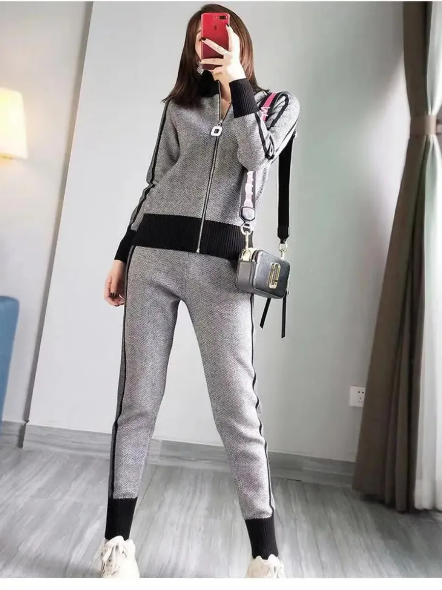 Knitting Two Piece Set Muslim Women Ensemble Print Coat Jacket Zipper Pencil Pants Sports Suit Knit Tracksuit Casual Outfits