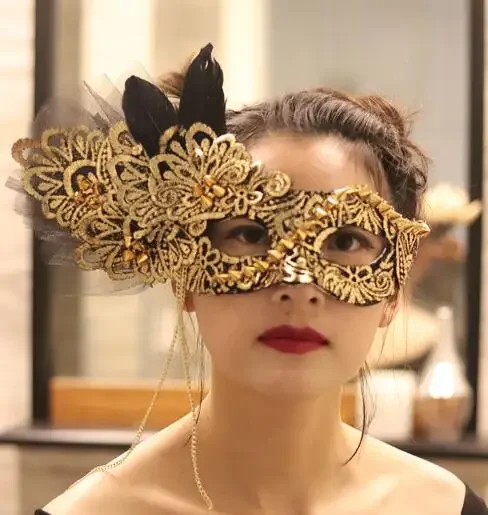 حفلة تنكرية قناع المرأة الذهب الدانتيل ريشة المنصة نصف الوجه مرحلة الحفلات خمر #1